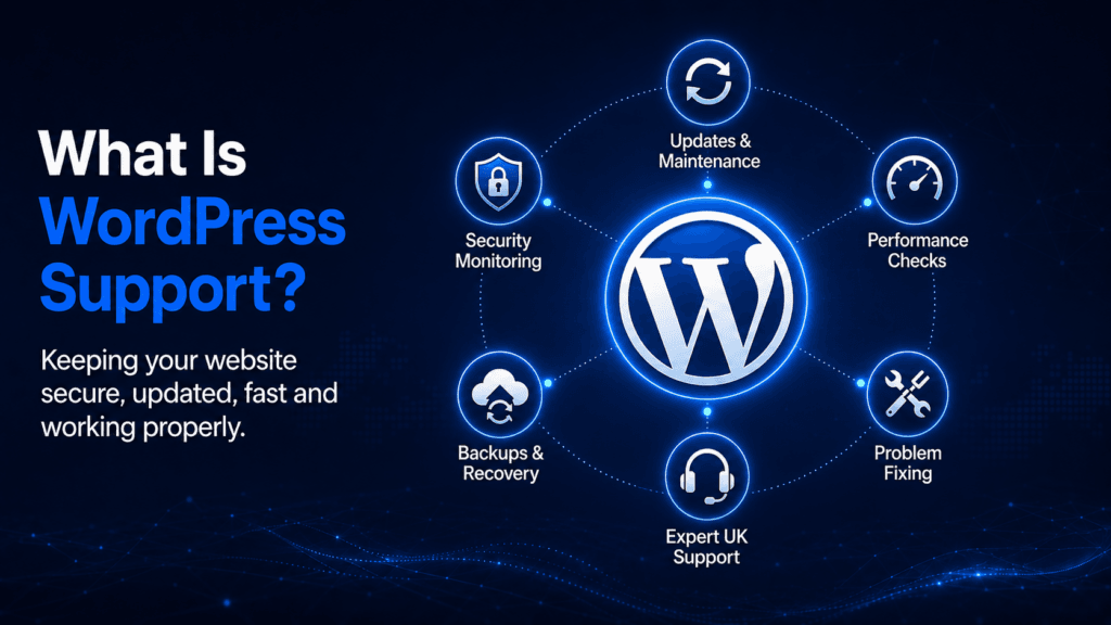 Graphic showcasing what is included in WordPress Support including: security monitoring, updates, performance checks, backups and problem fixing.