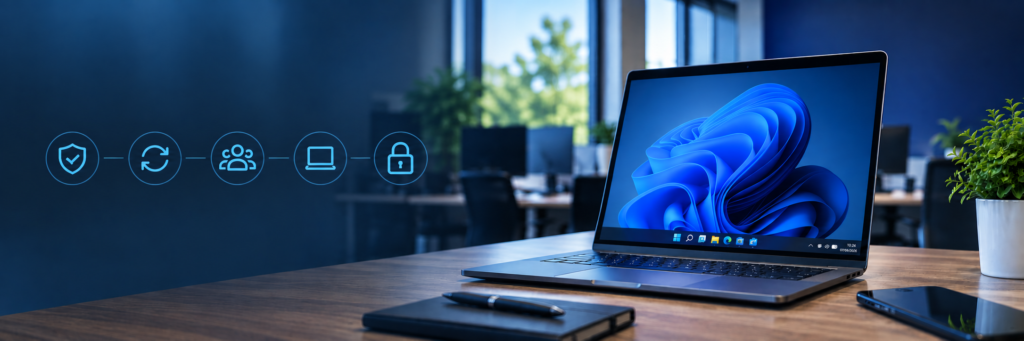 An image showing a laptop with five icons next to it symbolising security and updates.